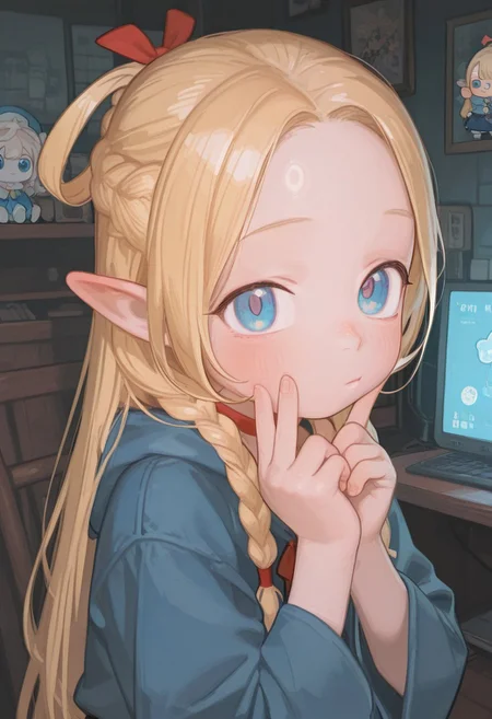 high detailed, high quality, masterpiece, best quality, very awa, absurdres, detailed eyes, detailed face, detailed skin, anime, cinematic light, dynamic shot, BREAK (colorful:1.3), (cute character:1.5), 1girl, young, blonde hair, blue eyes, KPB-Illu, (marcille_donato:0.7), possmach, artist:henreader, artist:ciloranko, (artist:sho \\(sho lwlw\\):0.75), (tianliang duohe fangdongye:0.7),