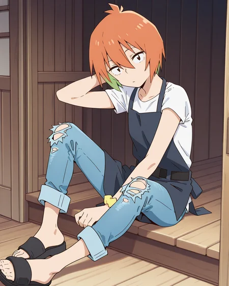 (masterpiece:1.4), (best quality:1.4),  very aesthetic,best quality, amazing quality, absurdres,
yasaku_rei, orange hair, 1girl, solo, short hair, , multicolored hair,
white shirt, jeans,short sleeve, ,denim pants, torn pants, wrist scrunchie, belt, hair between eyes, t-shirt, brown eyes,bangs, 
barefoot,black sandals,apron
 <lora:yasaku_rei:1>
sitting,looking at viewer,hand behind head
full body,indoor,wooden room