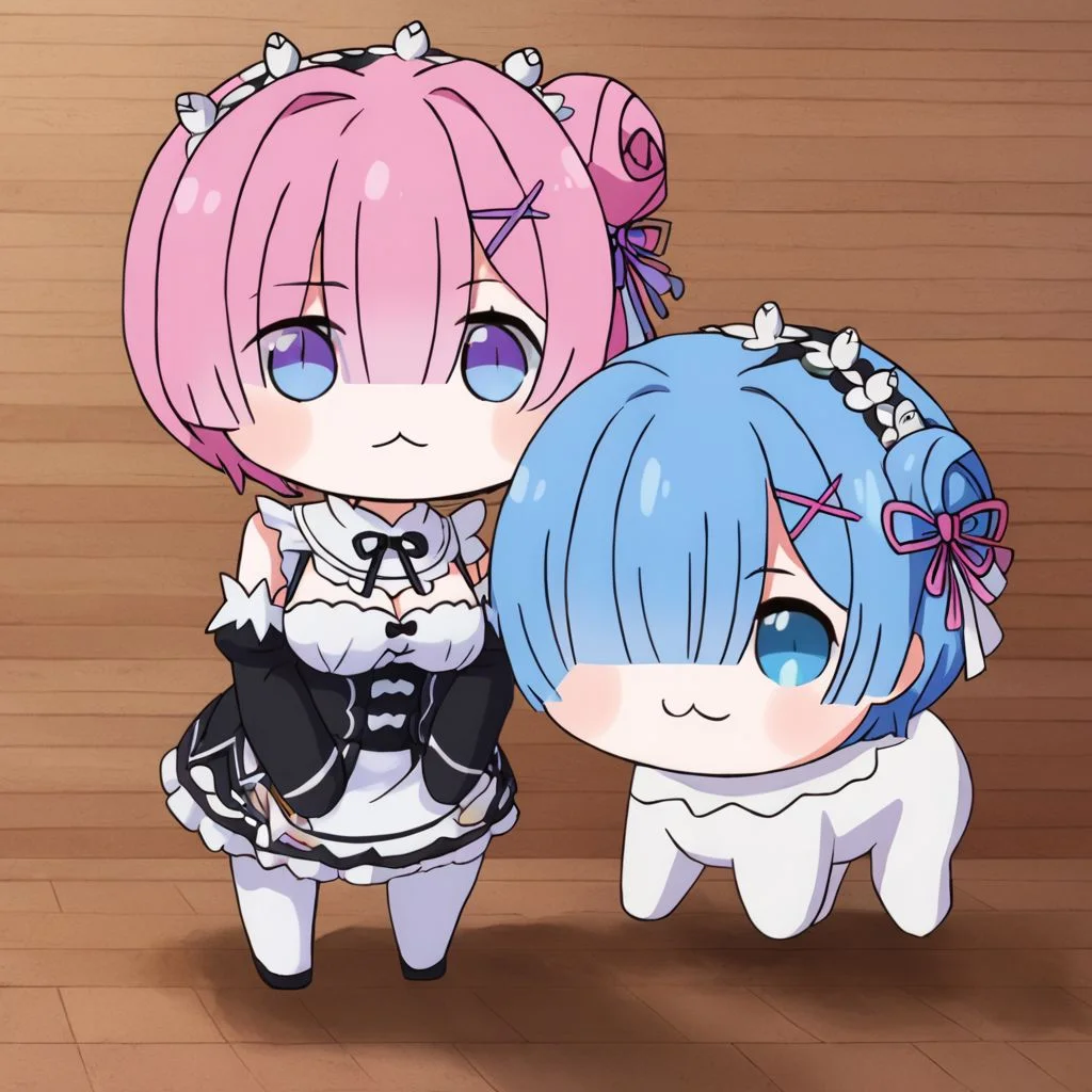 doro, creature, :3, chibi, pink hair, purple eyes, hair bun, hair bowRem, blue eyes, blue hair, hair over one eye
