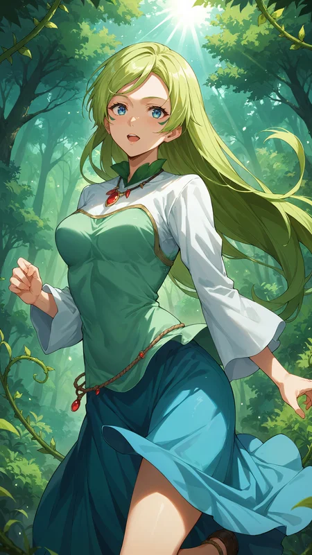 score_9,score_8_up,score_7_up,score_6_up, source_anime, zPDXL3, <lora:xl_more_art-full_v1:0.5>, woman, dynamic pose, leg lift, <lora:Treyni - Pony:0.8>, long hair, green hair, blue eyes, facial markings, multicolored dress, green dress, long sleeves, blue skirt, white sleeves, red necklace, long skirt, rope belt, forest, lush vegetation, vines, sunrays,