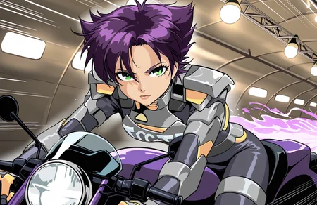 <lora:Konoko vPRED:1> onigame, konoko,tctf armor, riding motorcycle, speed lines, tunnel, ceiling lights, leaning on bike, looking at viewer, ,, looking at viewer, masterpiece, best quality, very aesthetic