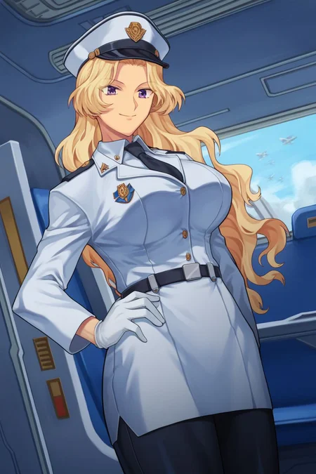 score_9, score_8_up, score_7_up, score_6_up, score_5_up, score_4_up, BREAK <lora:mieko0703-sdxl-reg-000036:1>, mieko \(izazura\), purple eyes, closed mouth, smile, blonde hair, wavy hair, parted bangs, parted hair, 1girl, long hair, breasts, peaked cap, flight attendant, indoors, jet interior, black pantyhose, white gloves, large breasts, jacket, solo, cowboy shot, hand on hip, skirt, thick thighs