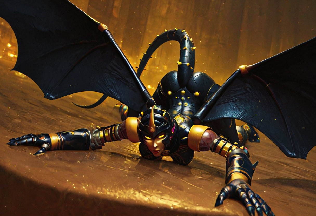 score_9, score_8_up, score_7_up,score_6_up, Expressiveh, 1dk, score_9, solo,  lewd face,  perfection, perfect hands, detailed hands,  1girl, solo, alone, medium breasts, 
 glowing eyes, 
dragongirl, monstergirl, dragon wings, large wings,  wings spread, black wings, 
 long tail, black and gold tail, gold and black wings, dragon tail,  spines on tail,  spiked tail,  long horns,  curved horns, zoomed out
 full body view, laying on back, facing viewer, ass up, view from above
glowing eyes, mecha, robot, autobot, glowing eyes,  yellow eyes, black skin,  golden accents, 
mecha, robot, autobot, glowing eyes, black4TF