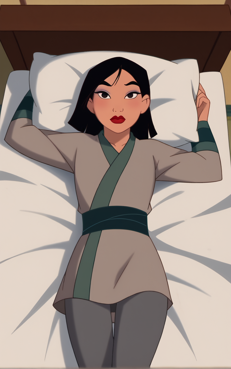 score_9, score_8_up, score_7_up, looking at viewer,  BREAK
GreyDressMediumHair_Fa_Mulan_ownwaifu, 
1girl, black hair, black eyes, medium hair, bangs, red lips, lipstick, dark skin, dark-skinned female, makeup,
grey dress, long sleeves, japanese clothes, green kimono, grey pants,
(lying,  on bed, on back), pillow, from above, indoors, <lora:PONYXL_Fa_Mulan_Movie_ownwaifu:0.8> , depth of field, solo,
