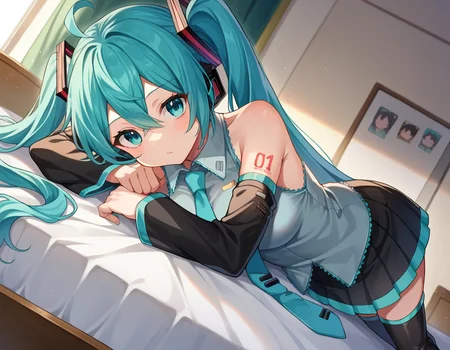 score_9, score_8_up, score_7_up, source_anime,
mikuhatsune, <lora:miku-hatsune-ponyxl-lora-nochekaiser:1>,
miku hatsune, ahoge, aqua eyes, aqua hair, crossed bangs, hair between eyes, hair ornament, headphones, long hair, twintails, mature female,
aqua necktie, black footwear, black skirt, black sleeves, boots, collared shirt, detached sleeves, grey shirt, necktie, pleated skirt, shirt, skirt, sleeveless, sleeveless shirt, thigh boots, tie clip,
indoors, bed, bed room, on side,
looking at viewer, dutch angle, cowboy shot,