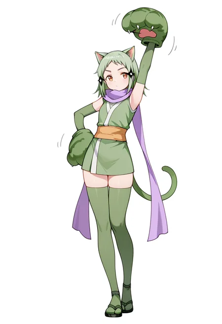masterpiece,high quality details, absurdres,
stretching, one arm raised, other on hip, slight side bend, relaxed body, ,
<lora:Mao_Kusagakure:0.8>
mao_cnr, 1girl, green hair, short hair,orange eyes, cat ears,cat tail,hair ornament,
ninja, japanese clothes, kimono, sleeveless kimono,purple scarf,elbow gloves,green thighhighs, sandals,paw gloves,cat paws,, uwu,, simple background, white background, front view,solo,