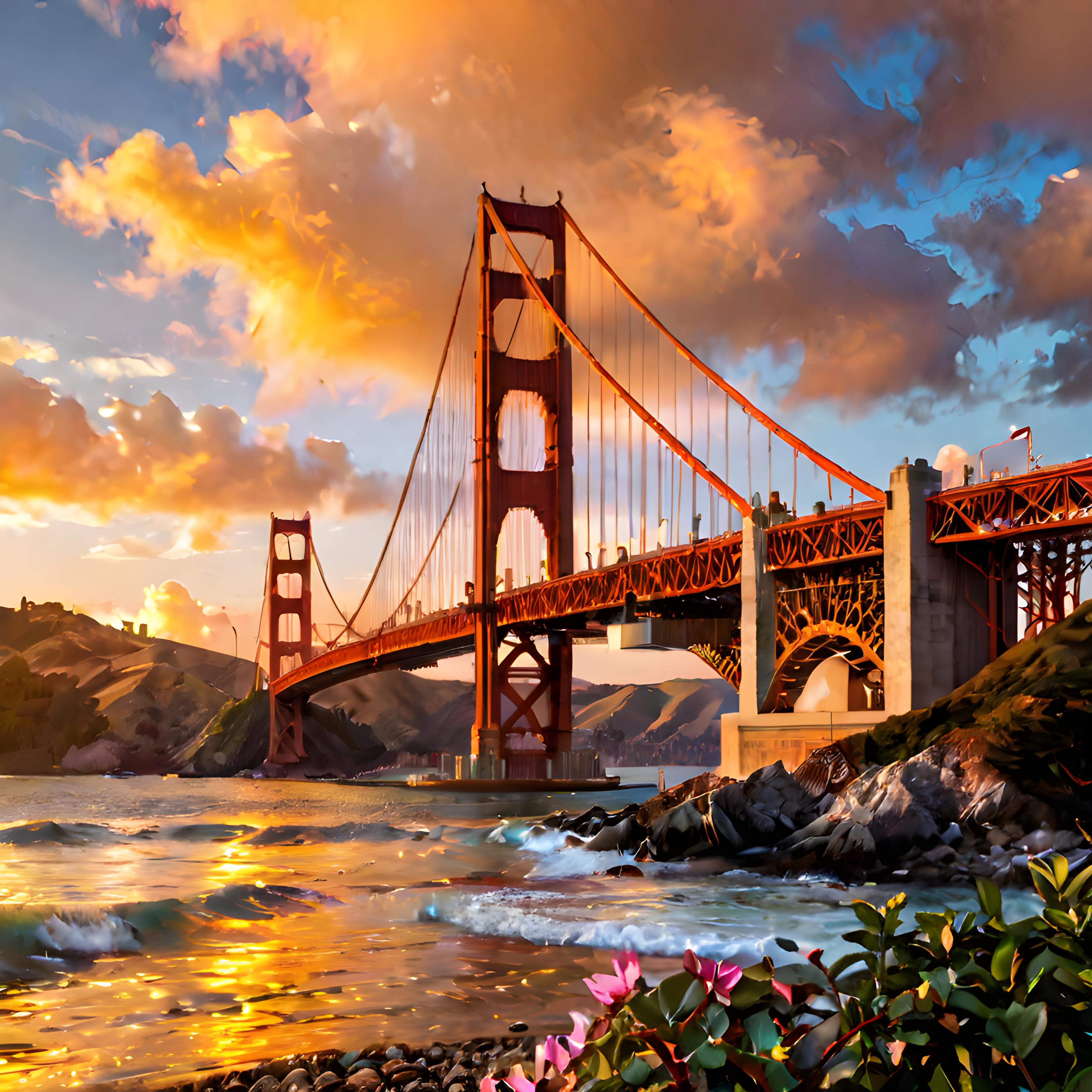 ((Golden Gate Bridge:1.2)),San Francisco,photography, realism, highly detailed,  wide view of bridge, Architecture photography, full view of bridge, ,golden hour,clouds in various shades of orange and pink, 