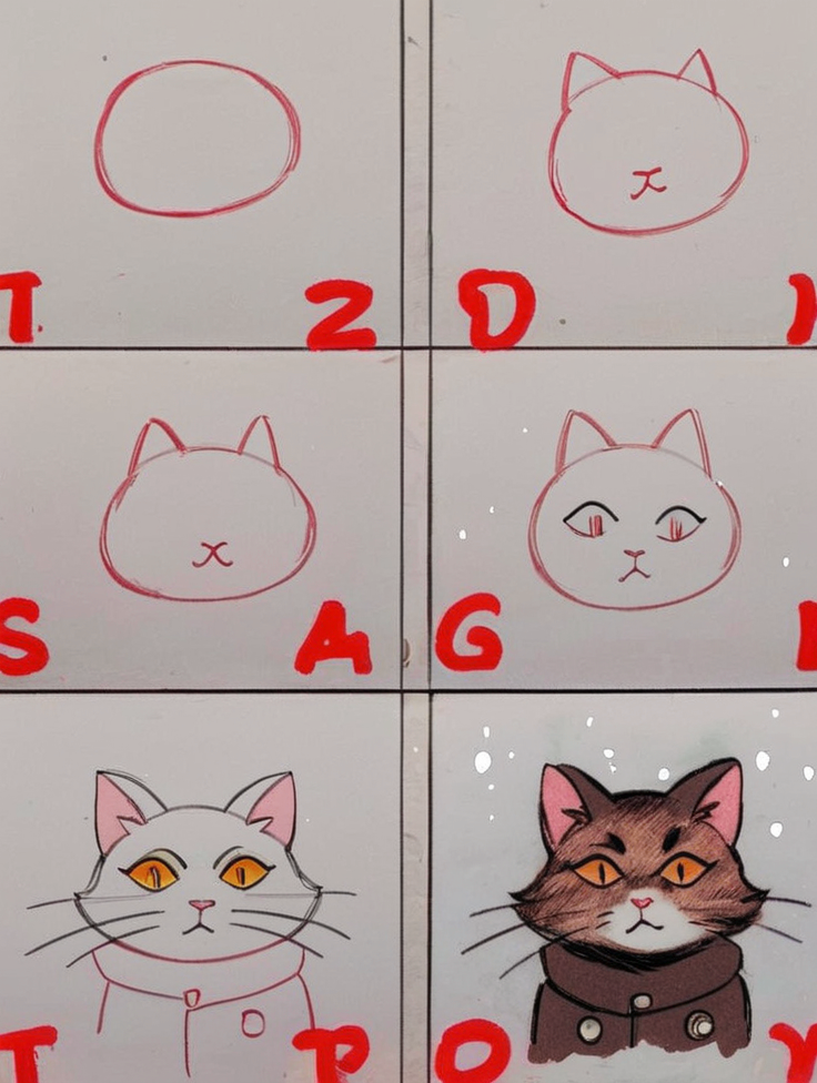 source_furry,  Brown furred cat wearing a puffy jacket, looking at viewer, cat ears, orange eyes, pink nose, unamused look, grey sky, snowing, a bit of snow on head and jacket, <lora:How_to_Draw_step_by_step_2:0.8> HTDSBS, 3 boxes, 4 boxes, 6 boxes, 9 boxes, Colored final box, Photo in final box, Mass drawing, Stick drawing method, Red colored added line, score_9, score_8_up, score_7_up,