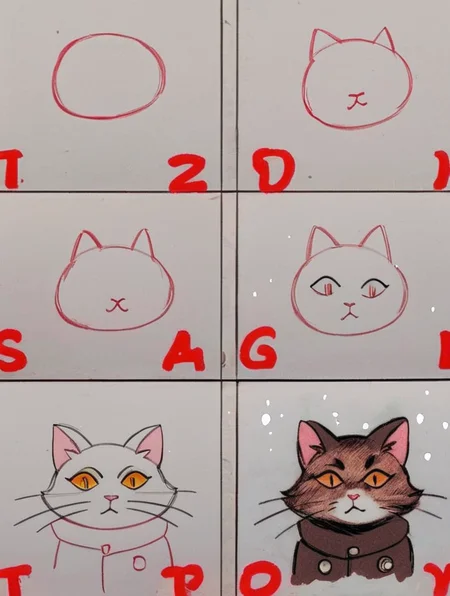 source_furry,  Brown furred cat wearing a puffy jacket, looking at viewer, cat ears, orange eyes, pink nose, unamused look, grey sky, snowing, a bit of snow on head and jacket, <lora:How_to_Draw_step_by_step_2:0.8> HTDSBS, 3 boxes, 4 boxes, 6 boxes, 9 boxes, Colored final box, Photo in final box, Mass drawing, Stick drawing method, Red colored added line, score_9, score_8_up, score_7_up,