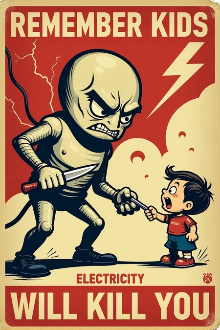 Generate an image in the style of a vintage 1950s public service announcement or propaganda poster. The image should be a warning sign with a dark humor theme. Depict a menacing, personified electricity bolt character holding a knife and pointed at a terrified cartoon child. Include the text "REMEMBER KIDS" and "ELECTRICITY WILL KILL YOU".  Use a bold, vintage font, a red, white, and black color scheme, lightning bolt symbols and a grainy texture. Keywords: vintage cartoon, propaganda poster, 1950s, public service announcement, warning, electricity, danger, funny, dark humor, retro  <lora:REMEs_War_Poster_Style:0.9> In REME's War Poster Style,âââ