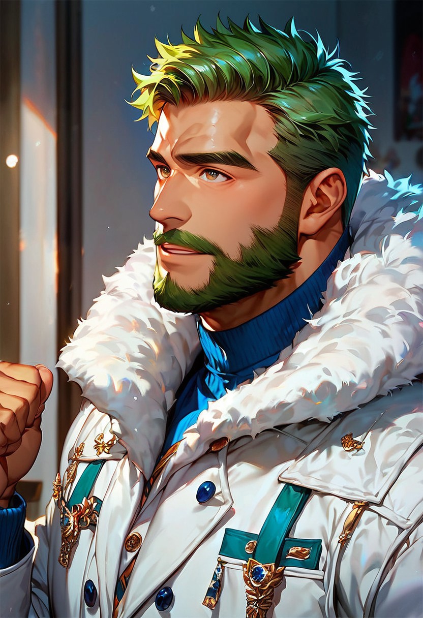 score_9,score_8_up,score_7_up, score_9, score_8_up, Intricate Details, Masterpiece, Best Quality, 1man, mature, bara, solo, male focus, bulky, correct anatomy, perfect hands, stylized seinen anime style, lots of details, shaded skin, shaded, detailed shading, detailed skin, counter shading, tan skin, bodybuilder, dressed for the cold, fur jacket, long sleeves, looking up as snow falls, green hair, brown colored eyes, masculine features, older man, full beard, tour guide