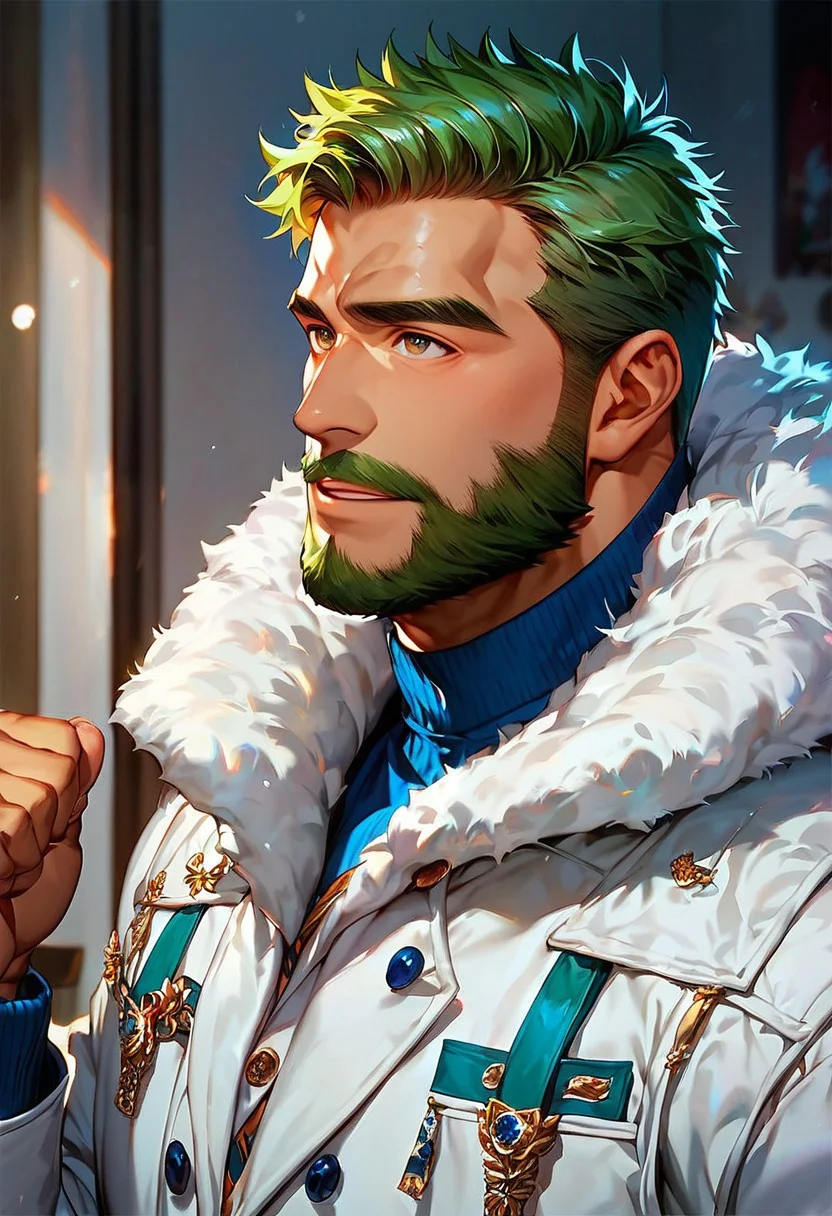 score_9,score_8_up,score_7_up, score_9, score_8_up, Intricate Details, Masterpiece, Best Quality, 1man, mature, bara, solo, male focus, bulky, correct anatomy, perfect hands, stylized seinen anime style, lots of details, shaded skin, shaded, detailed shading, detailed skin, counter shading, tan skin, bodybuilder, dressed for the cold, fur jacket, long sleeves, looking up as snow falls, green hair, brown colored eyes, masculine features, older man, full beard, tour guide
