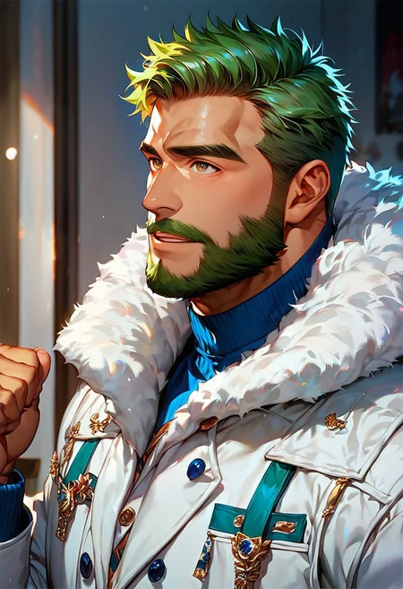 score_9,score_8_up,score_7_up, score_9, score_8_up, Intricate Details, Masterpiece, Best Quality, 1man, mature, bara, solo, male focus, bulky, correct anatomy, perfect hands, stylized seinen anime style, lots of details, shaded skin, shaded, detailed shading, detailed skin, counter shading, tan skin, bodybuilder, dressed for the cold, fur jacket, long sleeves, looking up as snow falls, green hair, brown colored eyes, masculine features, older man, full beard, tour guide