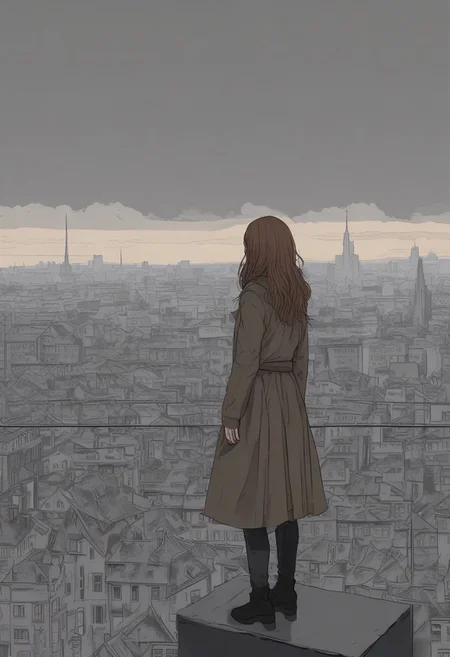 the girl is on the top of a building looking around in the distance, 1girl, solo, long hair, skirt, light brown hair, casual dress, arms behind back, gloomy, spooky, (masterpiece:1.4, best quality:1.4, illustration:1.4, ultra-detailed, best aesthetic)