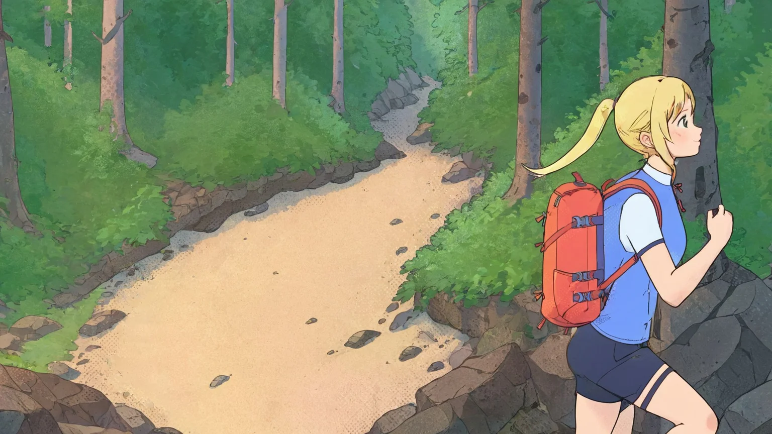 1girl, forest, big backpack, blond, hiking, SteamSummerSales2024 <lora:SteamSummerSales2024:1>