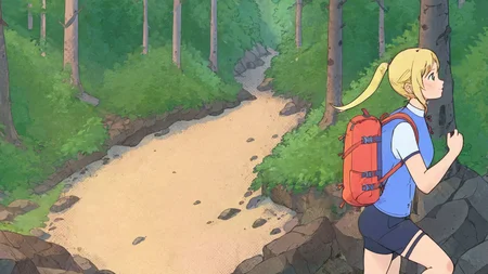 1girl, forest, big backpack, blond, hiking,  SteamSummerSales2024 <lora:SteamSummerSales2024:1>
