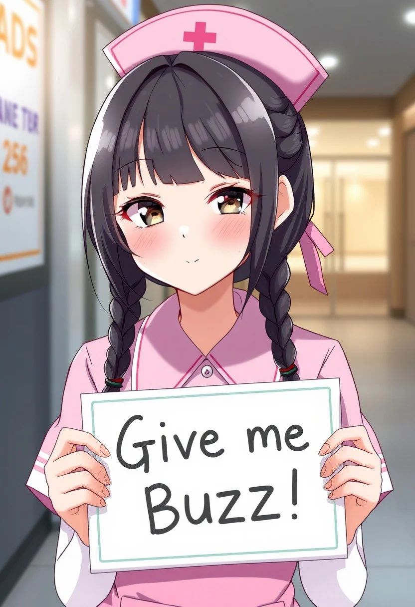 score_4,score_5,score_6,score_7_up,score_8_up,score_9 ((masterpiece,best quality,ultra detailed,highres,HD,4k:1.2)), 
1 girl,solo,face focus,
black hair, twin braids, ((blunt bangs)),  brown eyes,Droopy eyes,sleepy eyes,
nurse, pink nurse cap, pink nurse uniform, white tights,
(("Give me Buzz.",Beggars Borad,Holding a sign, holding a sign that says, "Give me Buzz."))
closed mouth, blush, looking at viewer, light smile,