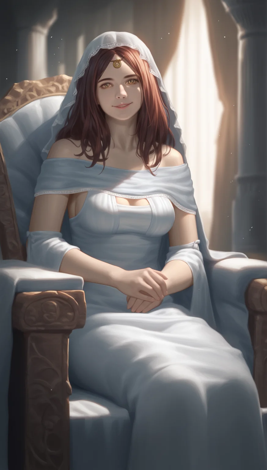 score_9,score_8_up,score_7_up,
<lora:Gwynevere:0.8>,
highres,photorealism,bloom,
dsgwynevere,
1girl,solo,tall female,
brown red hair,long hair,parted bangs,
yellow eyes,looking at viewer,smile,parted lips,
white dress,
sitting,
blurry background,vignetting,warm,warm soft lighting,indoors,grand stone hall,arching stone pillars,curtains drapery,dimly lit room,light particles,throne,