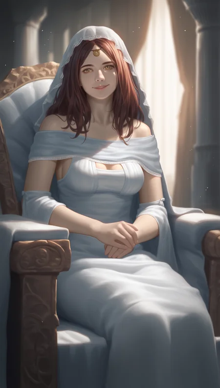 score_9,score_8_up,score_7_up,
<lora:Gwynevere:0.8>,
highres,photorealism,bloom,
dsgwynevere,
1girl,solo,tall female,
brown red hair,long hair,parted bangs,
yellow eyes,looking at viewer,smile,parted lips,
white dress,
sitting,
blurry background,vignetting,warm,warm soft lighting,indoors,grand stone hall,arching stone pillars,curtains drapery,dimly lit room,light particles,throne,