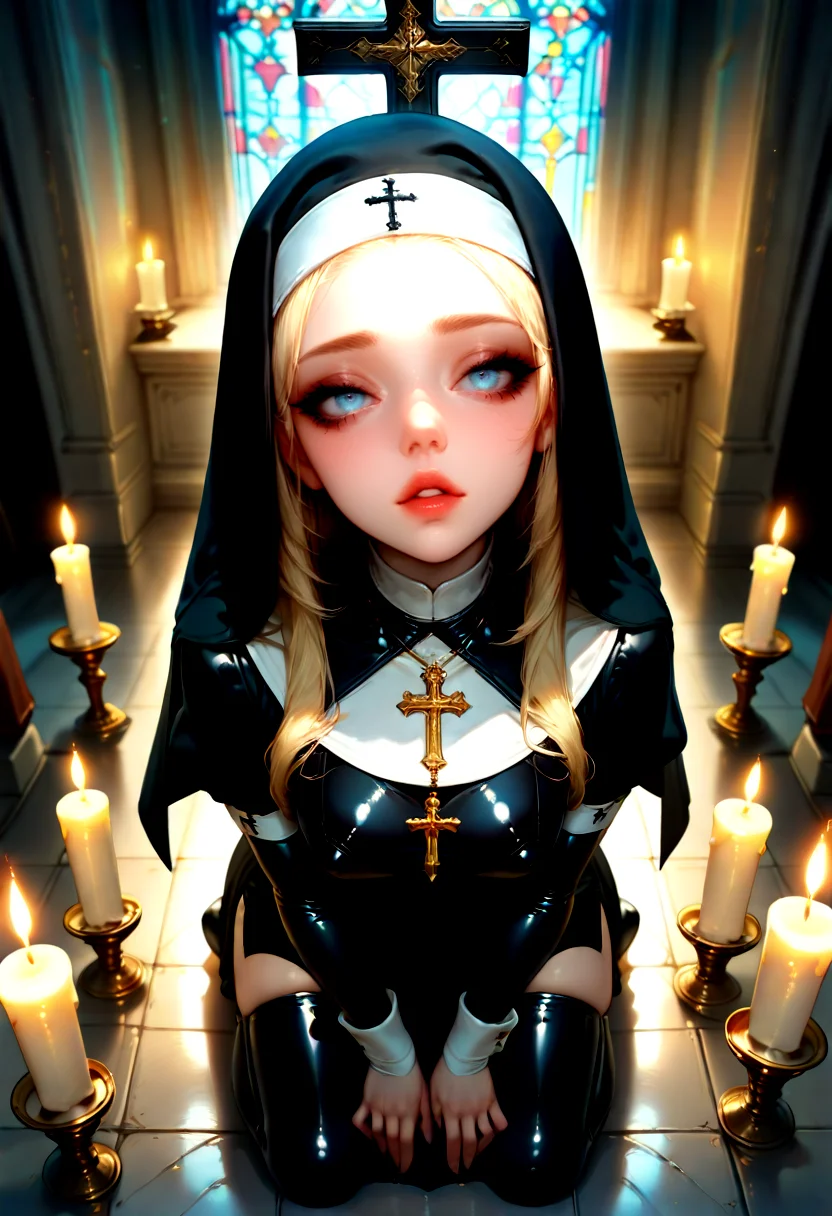 IllusP0s, 1girl, beautiful face, blue eyes, blonde hair, parted lips, nun, gothic, latex, cross, kneeling, facing viewer, from above, face focus, old church, candlelight, dark  <lora:mmnj-v2:1>