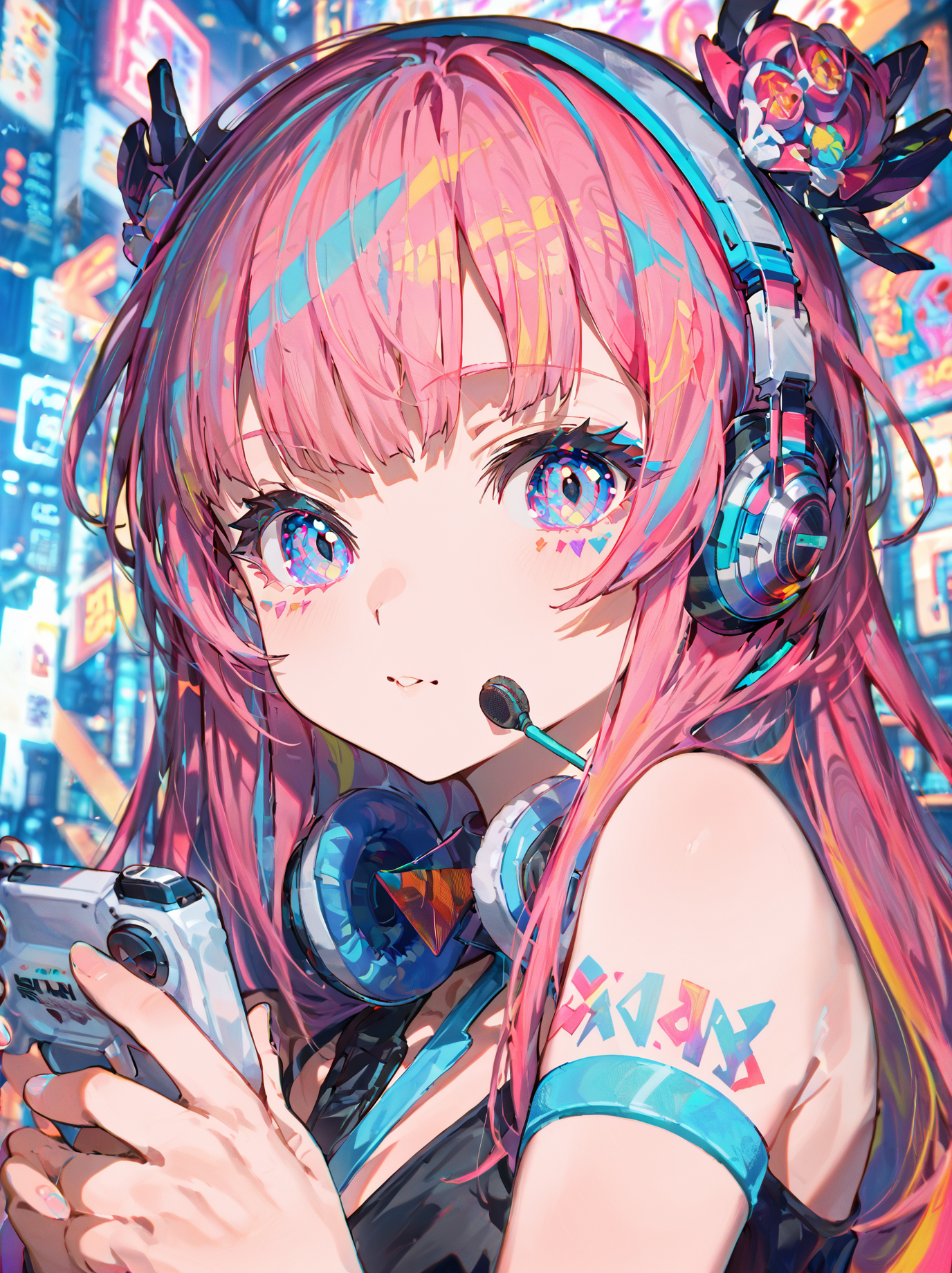 score_9_up, score_8_up, score_7_up,score_6_up,((Masterpiece:1.3)), (best quality:1.2),abstract, 1girl, solo, long pastel pink hair, looking at viewer, futuristic hair accessories, bright blue eyes, holding a gaming controller, sleek headphones with neon lights, bare shoulders, upper body, virtual background with holograms, digital patterns, playful expression, vibrant colors, streaming setup, dynamic lighting, kawaii style, cyber aesthetic, energetic vibe,detailed eyes,<lora:Abstract:0.8>,(reflective eyes),white sclera,detailed fingers
