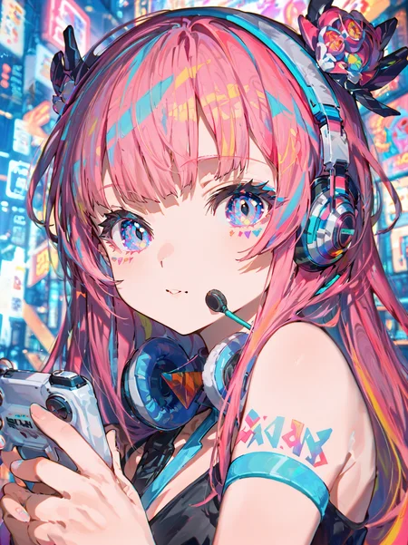 score_9_up, score_8_up, score_7_up,score_6_up,((Masterpiece:1.3)), (best quality:1.2),abstract, 1girl, solo, long pastel pink hair, looking at viewer, futuristic hair accessories, bright blue eyes, holding a gaming controller, sleek headphones with neon lights, bare shoulders, upper body, virtual background with holograms, digital patterns, playful expression, vibrant colors, streaming setup, dynamic lighting, kawaii style, cyber aesthetic, energetic vibe,detailed eyes,<lora:Abstract:0.8>,(reflective eyes),white sclera,detailed fingers
