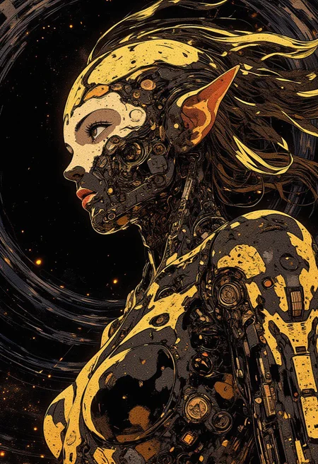 Giger style, abstraction and surrealism, young elf woman in black marble with gold flecks and gold engraving with different patterns, eyes open, marble hair, breasts, on the background of a black hole with coriolis , intricate details, colorful, hdr, masterpiece, award, amazing composition, highly aesthetic, brilliant lighting, Good body proportions, The image depicts a female figure wearing an intricate costume in a striking combination of gold and black hues. The suit creates a futuristic and avant-garde feel, reminiscent of high-tech armor or a stylized biomechanical ensemble. The subtleties of the design include sinuous lines, curves and patterns that create a sense of fluidity and movement, reminiscent of organic structures. The contrast between dark and metallic tones adds depth and a sense of luxury to the entire image. The pose of the figure and the background of the artwork suggest a dynamic and sophisticated aesthetic that seamlessly blends technological and organic elements. This image evokes a sense of power, sophistication and mystery, inviting the viewer into the realm of innovative and futuristic design, atmospheric grit, detailed sharp background, grainy, noise . shallow depth of field, vignette, highly detailed, high budget, bokeh, cinemascope, moody, epic, gorgeous, film grain, grainy