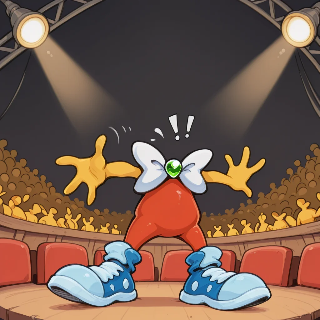 score_9, score_8_up, score_7_up, score_6_up,masterpiece,highly detailed,simple colors,full body perspective,dheaddy,dheadless,1boy,body focus,yellow skin,headless,red bodysuit,sleeveless,big white bowtie,green brooch,blue sneakers,c1rcus,circus interior, seats, stage light,audience,outstretched arms,waving,!!,!,spoken exclamation mark