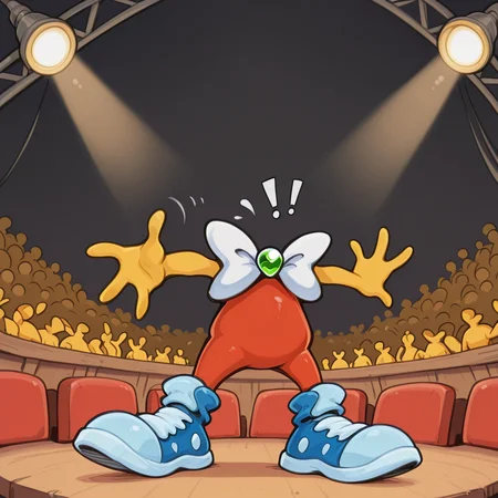 score_9, score_8_up, score_7_up, score_6_up,masterpiece,highly detailed,simple colors,full body perspective,dheaddy,dheadless,1boy,body focus,yellow skin,headless,red bodysuit,sleeveless,big white bowtie,green brooch,blue sneakers,c1rcus,circus interior, seats, stage light,audience,outstretched arms,waving,!!,!,spoken exclamation mark