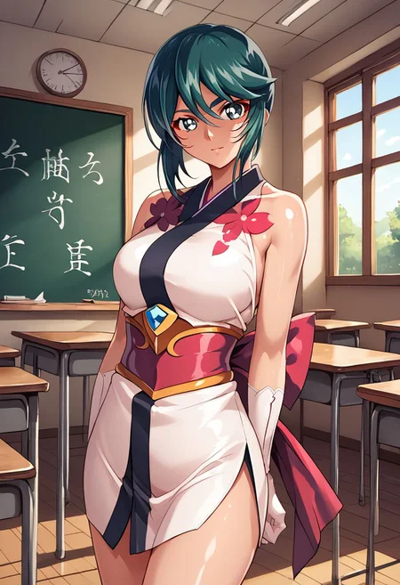 standing,cowboy shot,facing viewer,looking at viewer,
classroom,indoors,
1girl,
<lora:midori-000009:0.9>,midori,kunoichi,white japanese clothes,sleeveless,gloves,ribbon,miniskirt,, score_9,score_8_up,score_7_up,source_anime,best quality,masterpiece,uncensored,(clear eyes:1.2),detailed background,<lora:add-detail-xl:0.7>, zPDXL,