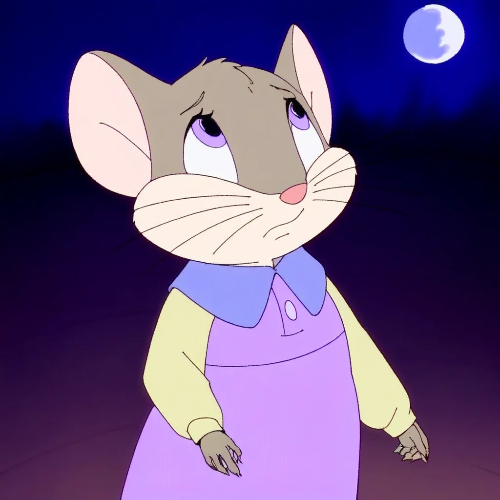 source_cartoon, 1girl, solo, mavisfielding, mouse, semi-anthro, grey fur, light purple eyes, purple collared dress, pale yellow long-sleeves, looking up:1.2, sad, closed mouth, hands clasped, night, moon, outdoors