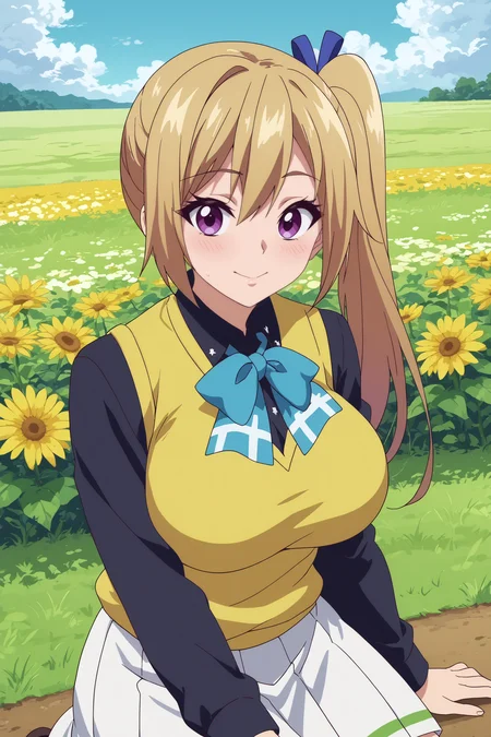 Mai Kawakami,1girl,solo,smile,mole,mole under eye,long hair,side ponytail,purple eyes,ribbon,hair ribbon,sweater vest,looking at viewer,school uniform,large breasts,white skirt,oily skin,shiny_skin,upper body,smile,good_hands,sit,on floor,cowboy shot BREAK outdoors,field,yellow flowers,blue sky,cloud <lora:Mai_Kawakami_-_Musaigen_no_Phantom_World.safetensors:0.8> <lora:detailed_backgrounds_v2.safetensors:0.5> <lora:add_detail.safetensors:0.5>