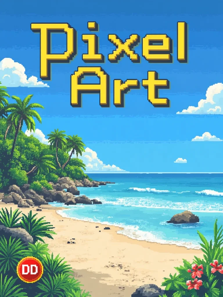 A pixel art poster for marketing. The poster main text reads: "Pixel Art". Under the main text, a small badge text reads: "DD". In the background is a beautiful beach. Designed by a genius and given to the common folk on the internet.<lora:General Flux\darkdescent-pixel-art.safetensors:0.9:1.0>