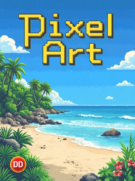 A pixel art poster for marketing. The poster main text reads: "Pixel Art". Under the main text, a small badge text reads: "DD". In the background is a beautiful beach. Designed by a genius and given to the common folk on the internet.<lora:General Flux\darkdescent-pixel-art.safetensors:0.9:1.0>