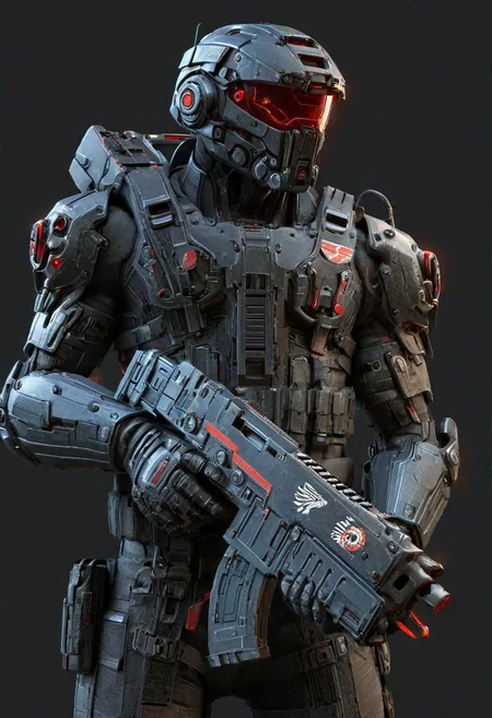 man in (neon red) mad-bdyarmr, holding bltgun bolter weapon, helmet, night, cyberpunk road, fullbody view, (masterpiece:1.2), best quality, (hyperdetailed, highest detailed:1.2), high resolution textures