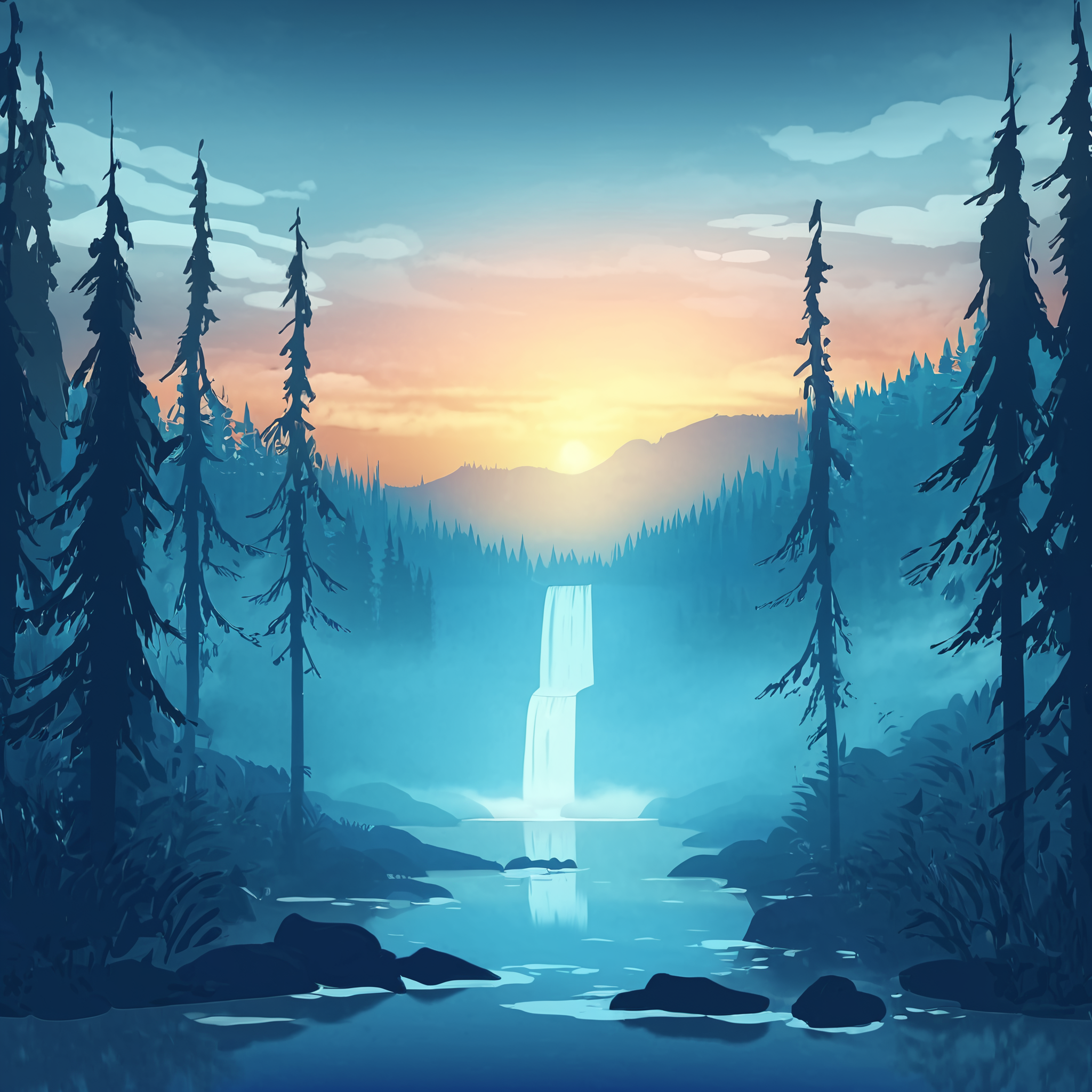 <lora:MinimalLandscapeXL-000039-3:1>, a drawing of a minimalist landscape, detailed, tree, mountain, cloud, forest, landscape, blue theme, sunset, fog, lake, water, reflection, waterfall
