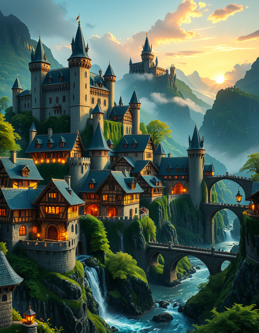 A breathtaking medieval fantasy city nestled in a lush valley, surrounded by towering mountains and dense forests. A grand castle with multiple towers and turrets stands atop a hill, overlooking the town below. The city consists of charming half-timbered houses with glowing windows, perched on rocky cliffs and connected by stone bridges over cascading waterfalls. The river flows through the village, reflecting the warm golden lights of lanterns and torches. Ivy and moss grow over the stone walls, adding to the enchanted, ancient atmosphere. The background features misty mountains with additional fortresses and watchtowers, partially hidden by low-hanging clouds. The sky is illuminated by a soft, warm sunset, casting a golden glow on the scenery, creating a perfect blend of realism and fantasy. Highly detailed, cinematic, and immersive, with a magical, fairy-tale ambiance.
<lora:SDXLFaeTastic2400:0.4> <lora:extremely_detailed:0.4> extremely detailed, <lora:medieval_f4nt4sy_c1ty:1>,medieval f4nt4sy c1ty, Masterpiece,best quality,hi res,8k,hi res,8k,award winning,(sharp focus, intricate, highly detailed),