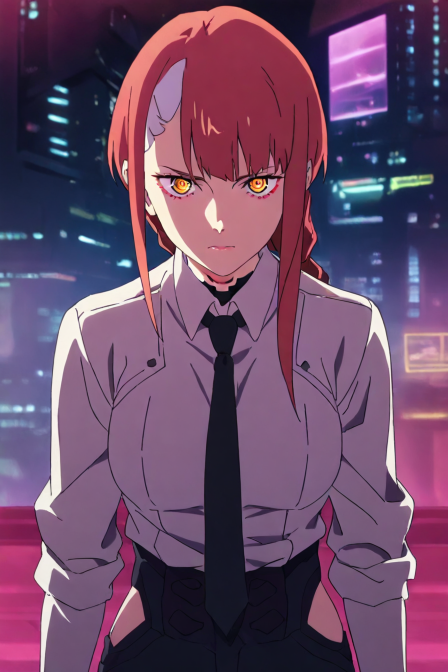 <lora:mak1ma0XL_Pony_v1:0.6> , mak1ma0, (makima:0.5), red hair, long hair, ringed eyes, braid, white collared shirt,black necktie, black pants, 1girl, solo, alone, <lora:cyberpunk_edgerunners_style_illustriousXL:1>, cyberpunk_edgerunners_style, masterpiece, highres