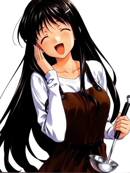 masterpiece,best quality,newest,
1girl,solo,
<lora:k_sayori_ilxl_v1.0:1>,k_sayori,hairclip,black hair,very long hair,s_clothes,white sweater,brown dress,
holding ladle,<lora:Fixhands_anime_bdsqlsz_V1:1>,looking_at_viewer,front view,open mouth,laughing,thundercloud,white_background,simple_background,closed eyes,