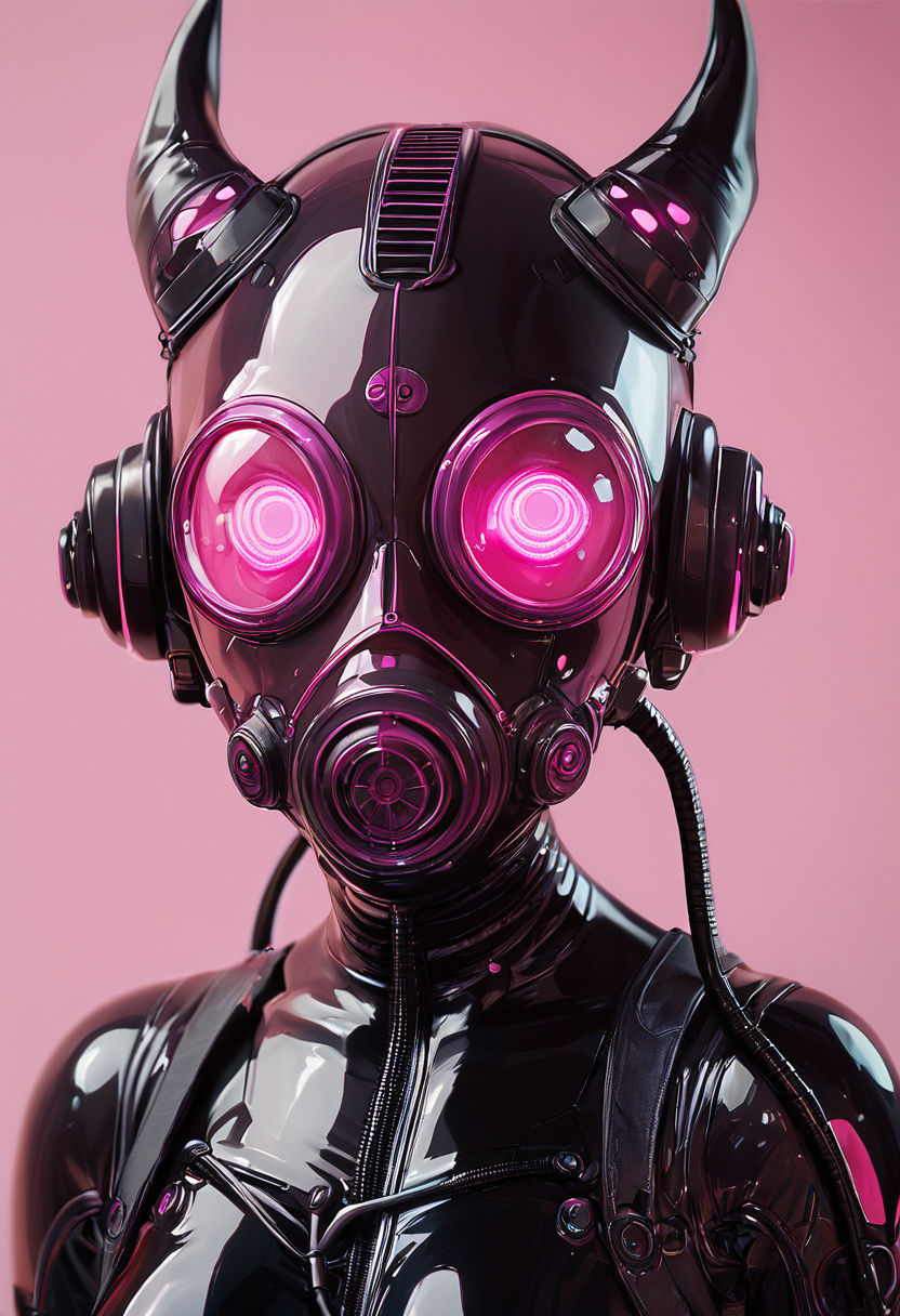 (score_9, score_8_up), score_7_up, 1girl, horns, shiny, pink eyes, blurry, bodysuit, mask, pink background, helmet, skin tight, science fiction, shiny clothes, black bodysuit, cable, latex, gas mask, cyberpunk, tube
<lora:Gas_mask-000009:0.7>