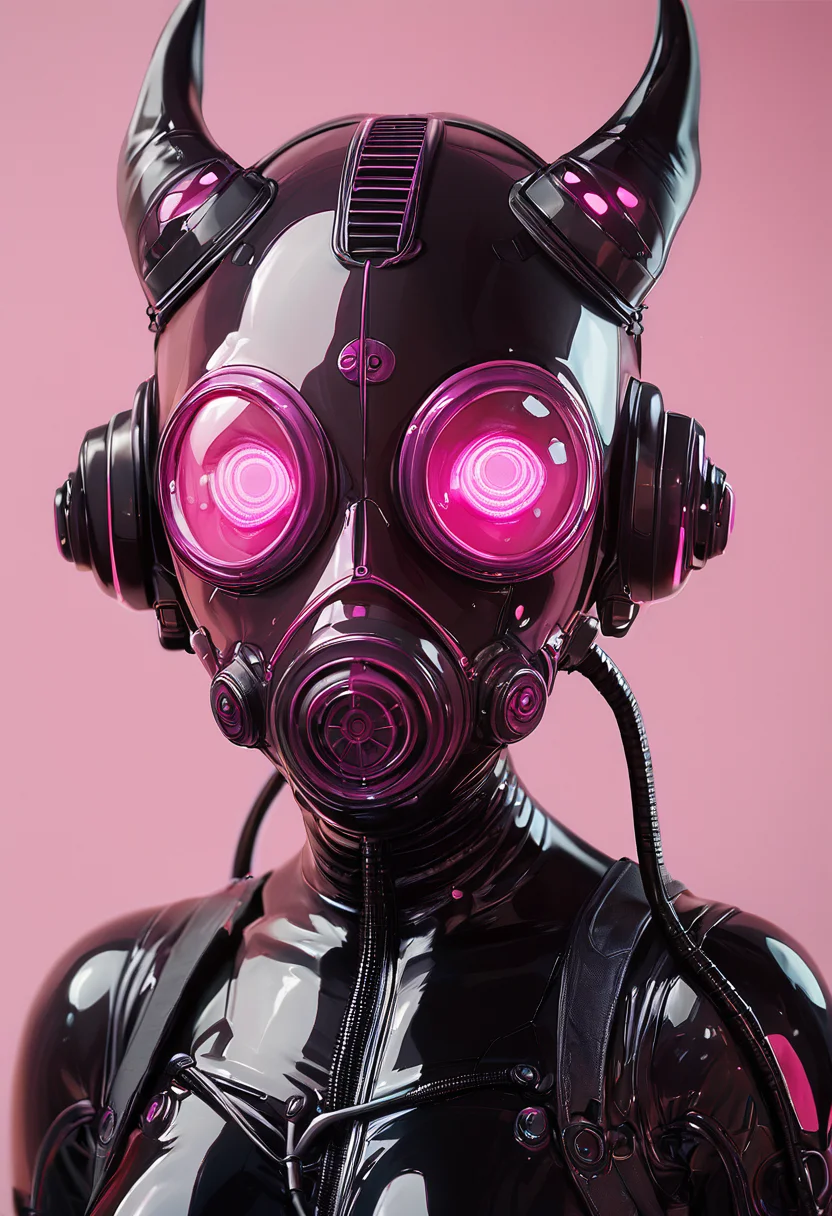 (score_9, score_8_up), score_7_up, 1girl, horns, shiny, pink eyes, blurry, bodysuit, mask, pink background, helmet, skin tight, science fiction, shiny clothes, black bodysuit, cable, latex, gas mask, cyberpunk, tube
<lora:Gas_mask-000009:0.7>