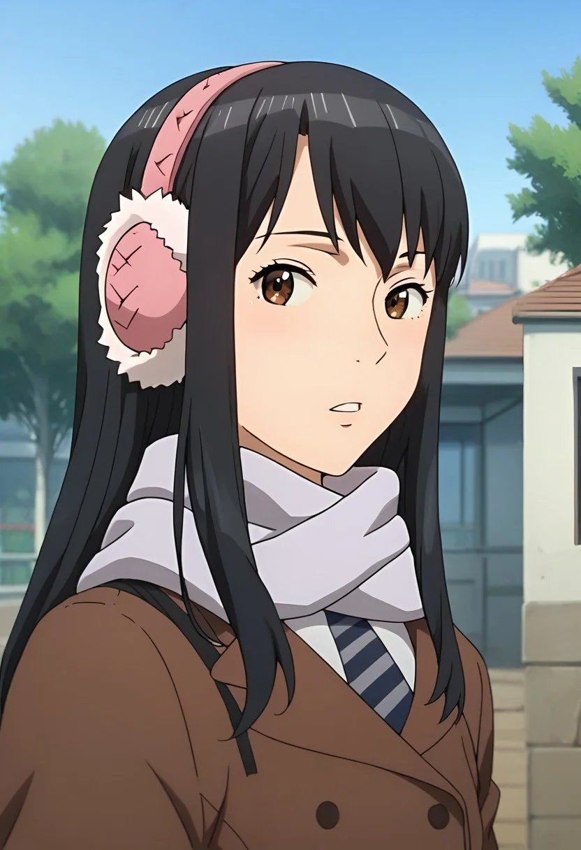 score_9, score_8_up, score_7_up, score_6_up, score_5_up, 1girl, KanaKimishima, black hair, long hair, brown eyes, bangs, pink earmuffs, necktie, grey scarf, brown coat, black skirt, pleated skirt, sexy, female focus, fantasy, expressive, skindentation, skinny, 1female, masterpiece, 32K HD, beautiful attention to detail, detailed eyes, shiny skin, wide lens, perfect hands, perfect eyes, ((2d)), anime, source anime, flat shadows, flat colors, looking at viewer, standing, clothed female, uncensored , ((feet out of frame)), outdoors, close up, upper body, cowboy shot