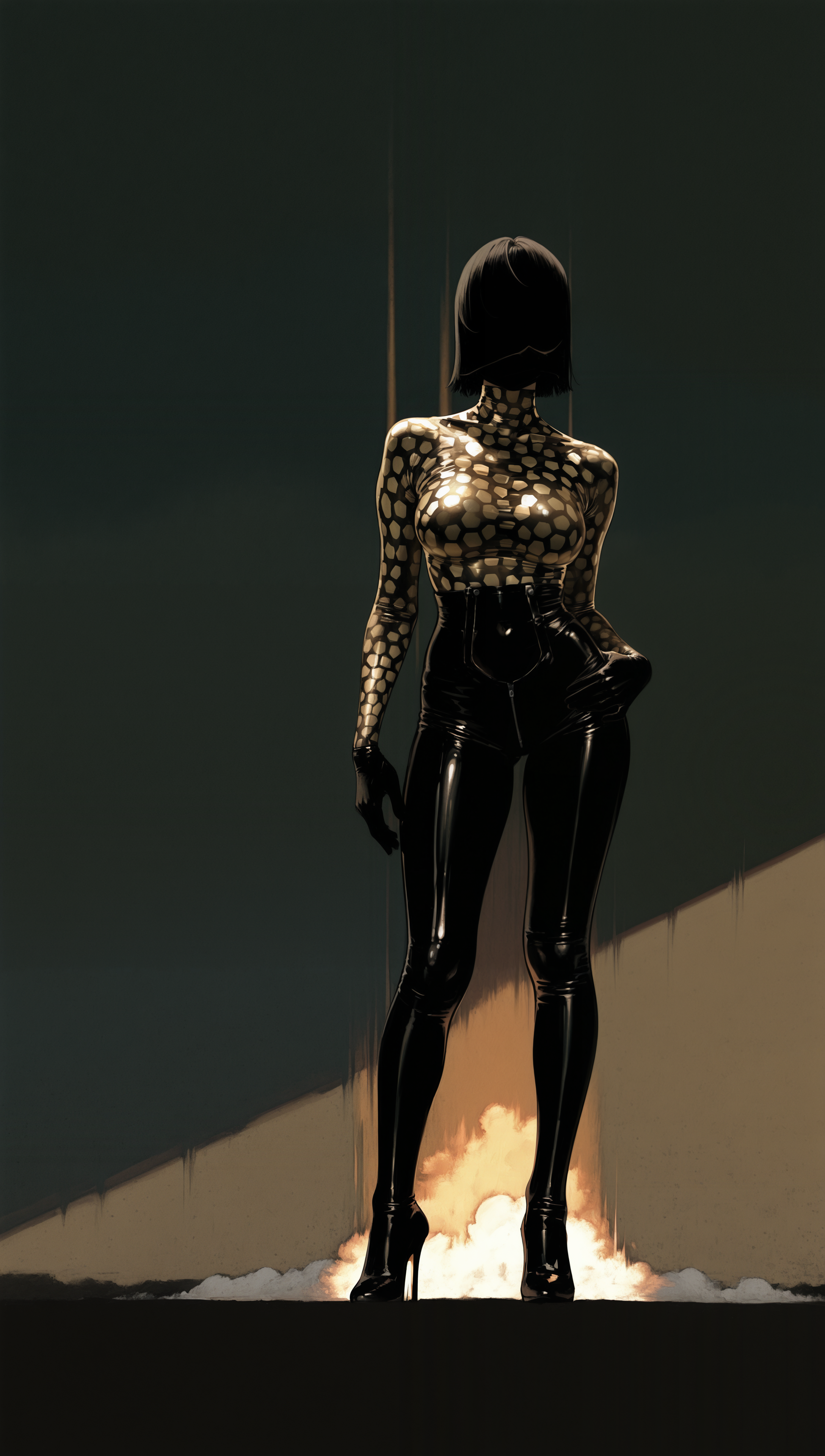 masterpiece, newest,absurdres,incredibly absurdres, best quality, amazing quality, very aesthetic, 
1girl, standing, hand on hips, sexy pose, latex bodysuit, giraffe printed bodysuit, high heels, open plain at sunrise, dramatic sky, long shadows, alternate color, golden hue, sharp focus, dust in light rays,
<lora:ka_marukogedago:1> k4_illu,  <lora:G0zeNA_style:1> G0zeNA_illu,