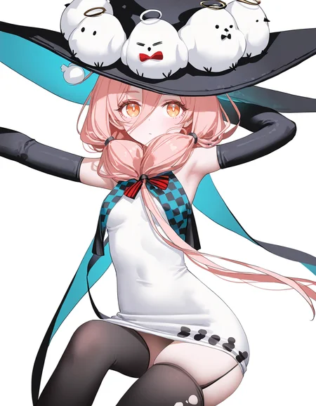 1girl,(simple background:1.1),(white background:1.2),solo,cowboy shot,qiaoshou,sitting,looking at viewer,<lora:qiaoshou-000012:0.8>,hat,asymmetric thighhighs,orange eyes,, masterpiece, best quality, very aesthetic, absurdres,newest, incredibly absurdres,, quan \(kurisu tina\),(artist:reoen:0.826446),(artist:machi:0.9),(artist:ningen_mame:0.9),(artist:sho_(sho_lwlw):0.9),(artist:rhasta:0.9),(artist:wlop:0.7),(artist:ke-ta:0.6),(fkey:0.5),(tianliang duohe fangdongye:0.5),(hiten \(hitenkei\):0.6),