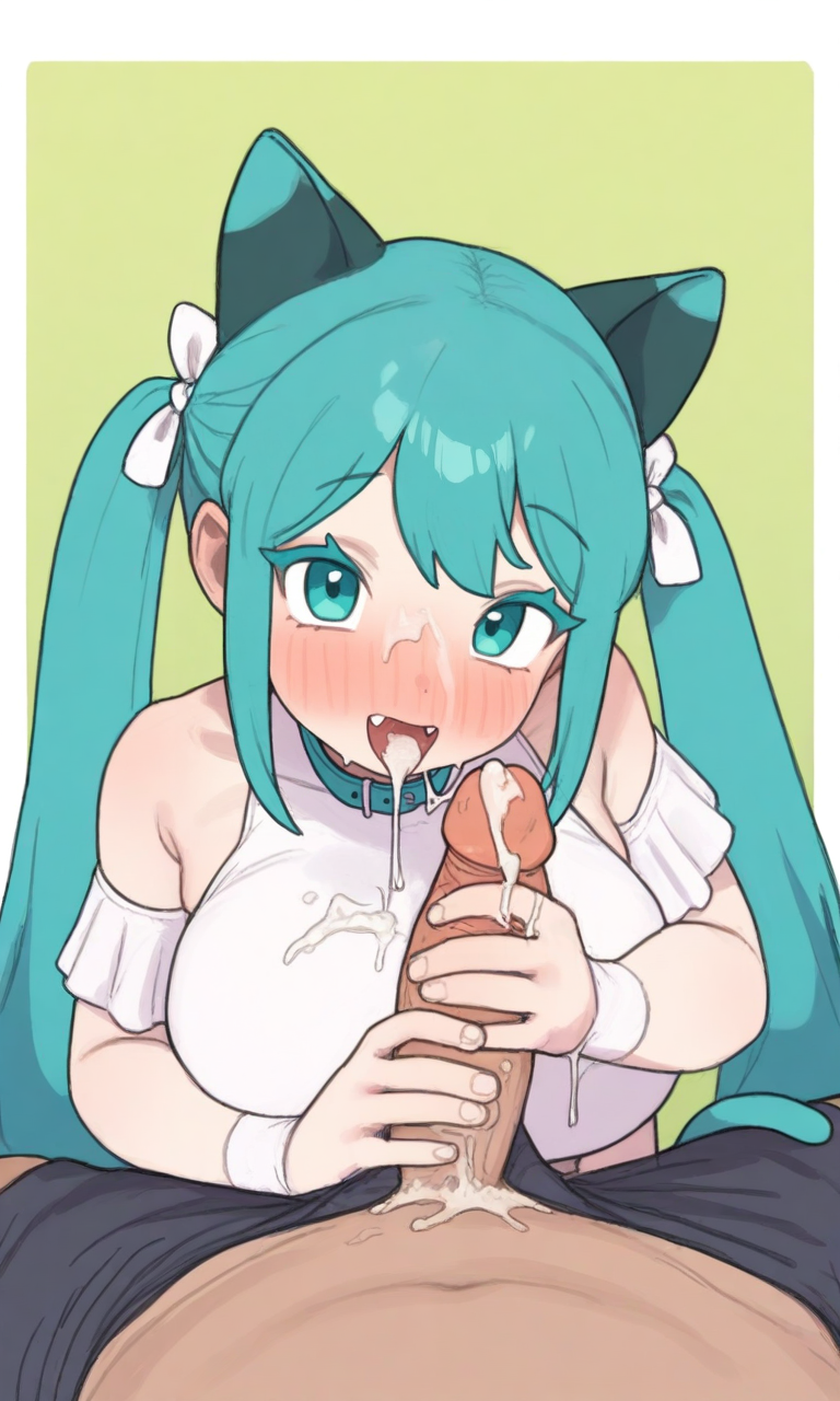 masterpiece, best quality, high resolution, absurdres, 1girl, possustyle, aqua_hair, colored_eyelashes, aqua_eyes, long_hair, sidelocks, looking_at_viewer, aqua_ears, cat_ears, cat_tail, looking_at_viewer, green_background, twintails, white_border, dress, collar, huge_breasts, handjob, open_mouth, cum_in_mouth, cum_on_face, cum, 1boy, penis, pov, nose_blush, kneeling, happy
