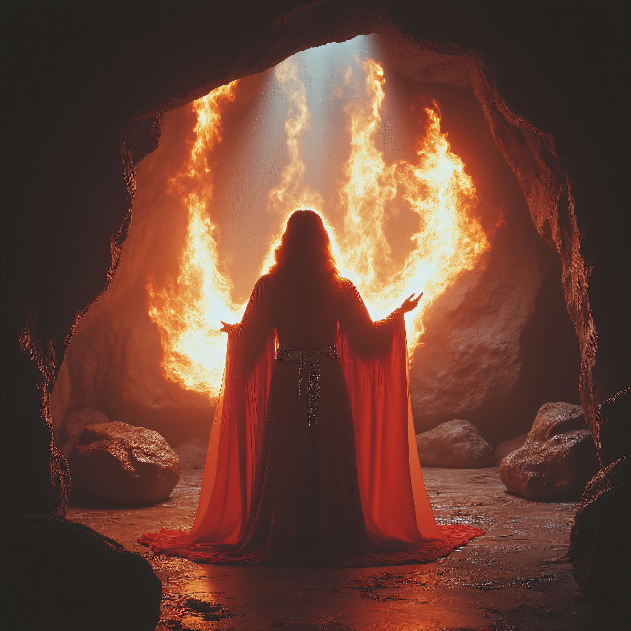 ArsMovieStill, 80s Fantasy Movie Still, The image shows a sorceress in a red robe conjuring fire from her hands inside a cavern filled with glowing crystals., 1girl, solo, magic, long hair, glowing crystals, robe, staff, fire, fantasy cave, dramatic lighting