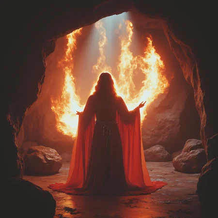 ArsMovieStill, 80s Fantasy Movie Still, The image shows a sorceress in a red robe conjuring fire from her hands inside a cavern filled with glowing crystals., 1girl, solo, magic, long hair, glowing crystals, robe, staff, fire, fantasy cave, dramatic lighting