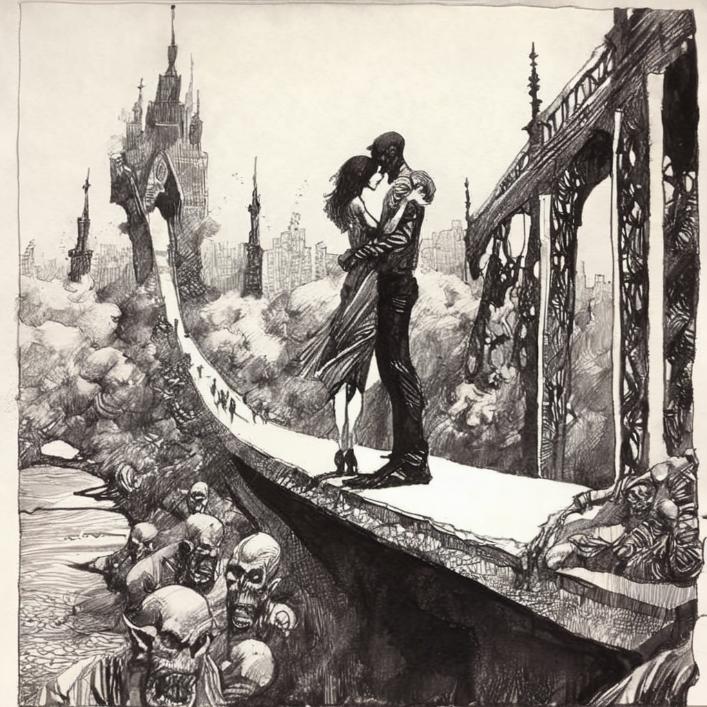 drawix20 lovers on the bridge in demon city, very detailed, black ink <lora:drawix20:1>