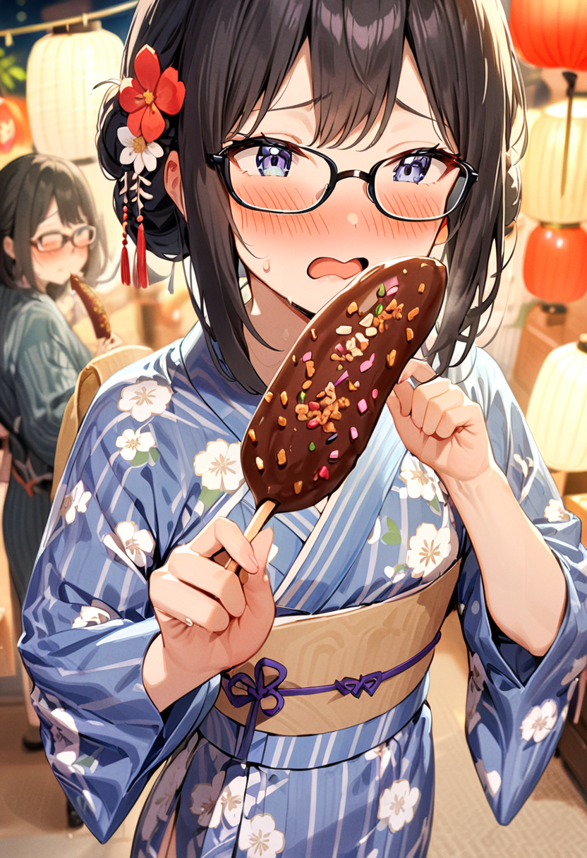 masterpiece, best quality, very aesthetic, absurdres,
chocolate banana, 1girl, solo, glasses, black hair, food, long hair, blush, holding, holding food, yukata, floral print, hair ornament, hair flower, hair bun, uchiwa, paper fan, paper lantern, night, blurry background, embarrassed, 
<lora:chocolate_banana_SDXL_V1:1>