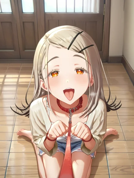 score_7_up, score_6_up, score_5_up, source_anime,
<lora:hiro.pony:1>, gmhiro, happy,
<lora:Viewer Holding Leash pony:1>, Viewer Holding Leash, leash, pet play, (paw pose:1.2), barefoot,
looking at viewer, heart eyes, tongue out, open mouth, blush, heavy breathing, sitting on floor, wariza, from above,